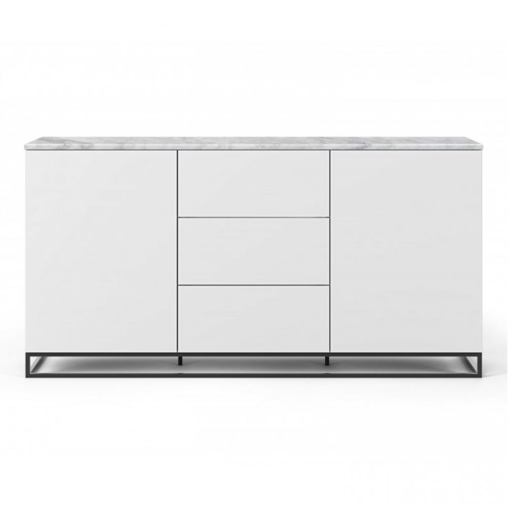 Buffet WHITY 2 blanc mat 180cm 2 portes/3 tiroirs Plateau en Marbre blanc avec piètement noir
